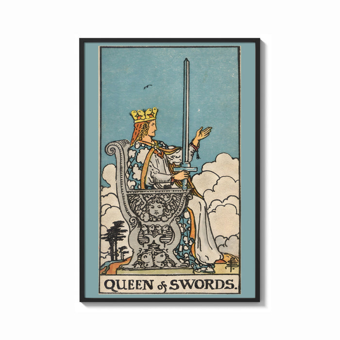 Framed Queen of Swords print shown as a bold statement piece on a clean gallery wall