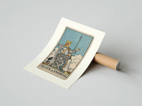 Rolled Queen of Swords tarot card poster beside its crush-resistant kraft shipping tube
