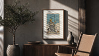 Queen of Swords tarot card poster framed above a fluted sideboard beside an olive tree