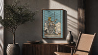 Queen of Swords poster framed above a fluted sideboard beside a potted tree
