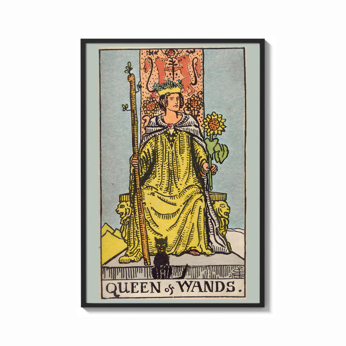 Framed Queen of Wands print shown as a bold statement piece on a clean gallery wall