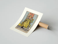 Rolled Queen of Wands tarot card poster beside its crush-resistant kraft shipping tube