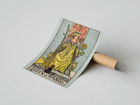 Gently curled Queen of Wands print beside its protective shipping tube