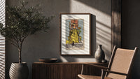 Queen of Wands tarot card poster framed above a fluted sideboard beside an olive tree