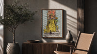 Queen of Wands poster framed above a fluted sideboard beside a potted tree