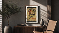 Woman dancing with white cat poster framed above a fluted sideboard beside an olive tree