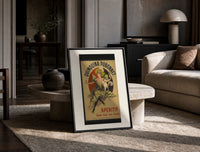 Woman dancing with white cat print in a black frame leaning on a travertine table in a sunlit lounge