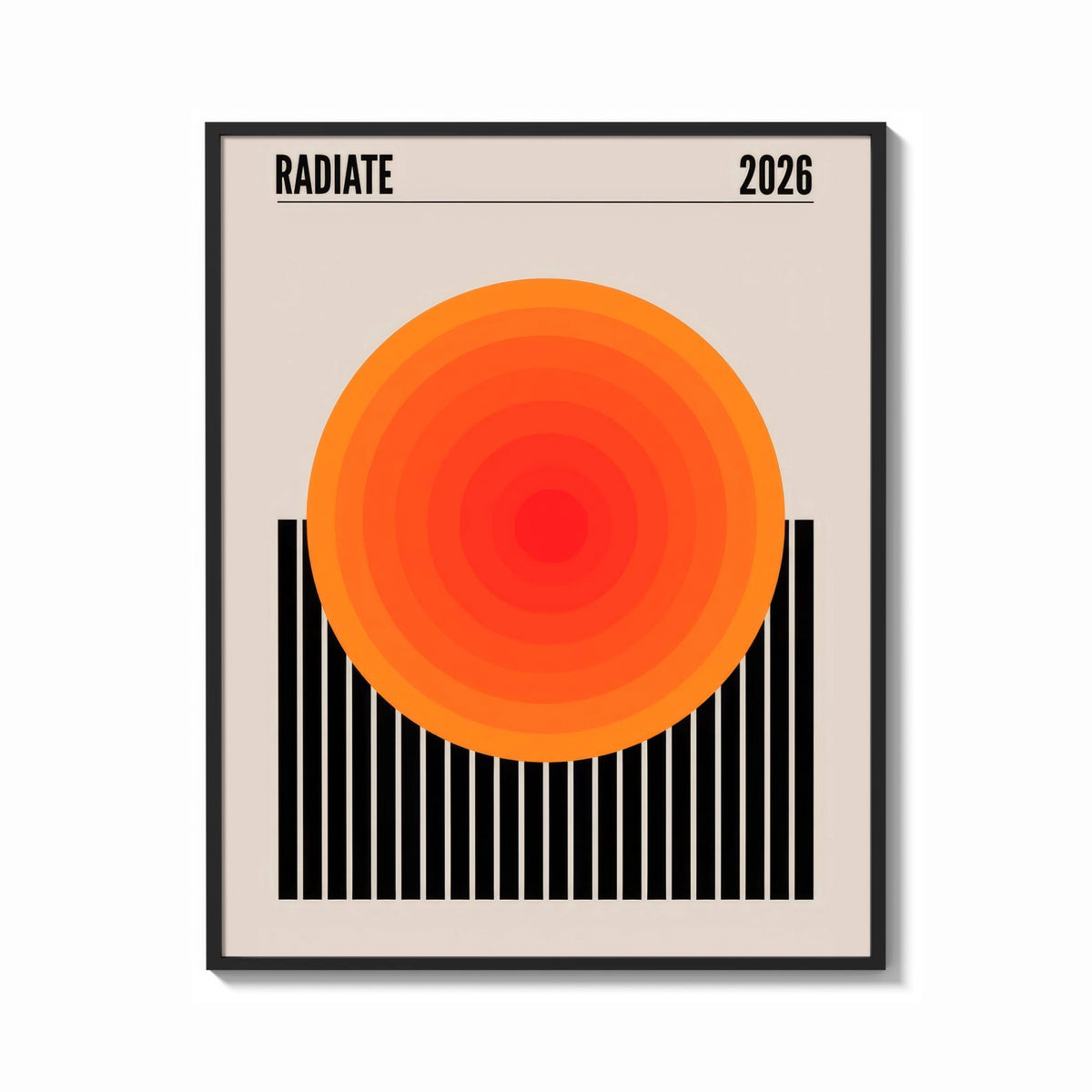 Framed Radiate 2026 Orange Sun print shown as a bold statement piece on a clean gallery wall