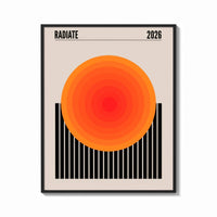 Framed Radiate 2026 Orange Sun print shown as a bold statement piece on a clean gallery wall