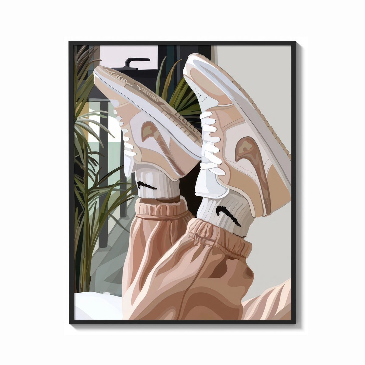 Framed Raised Legs in Beige Sneakers print shown as a bold statement piece on a clean gallery wall