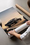 Classic black Ford Mustang fastback print laid flat in a styling flatlay