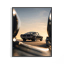 Framed Classic black Ford Mustang fastback print displayed as a statement piece