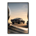 Classic black Ford Mustang fastback poster framed on a white gallery wall