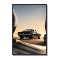 Classic black Ford Mustang fastback poster framed on a white gallery wall