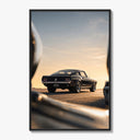 Classic black Ford Mustang fastback poster framed on a white gallery wall