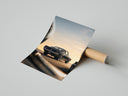 Classic black Ford Mustang fastback poster styled above furniture in a modern room