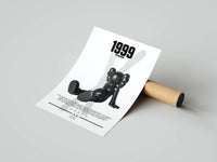 Reclining KAWS Companion beside bold 1999 Established typography and biography text on a white poster