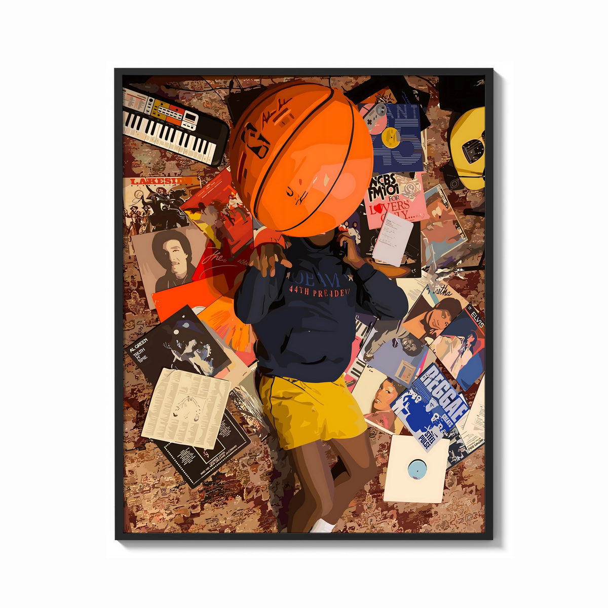 Framed Records, Books and a Basketball print shown as a bold statement piece on a clean gallery wall