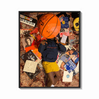 Framed Records, Books and a Basketball print shown as a bold statement piece on a clean gallery wall