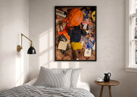 Records, Books and a Basketball print in a black frame above a bed with striped linens, a brass wall lamp and a sunlit window