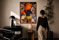 Records, Books and a Basketball print in a black frame on a sunlit plaster wall, a woman looking on beside a mushroom lamp