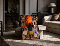 Records, Books and a Basketball print on the floor, leaning against a travertine table