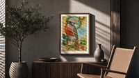 Bird A Merry Christmas to You poster framed above a fluted sideboard beside a potted tree