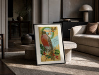 Bird A Merry Christmas to You print on the floor, leaning against a travertine table
