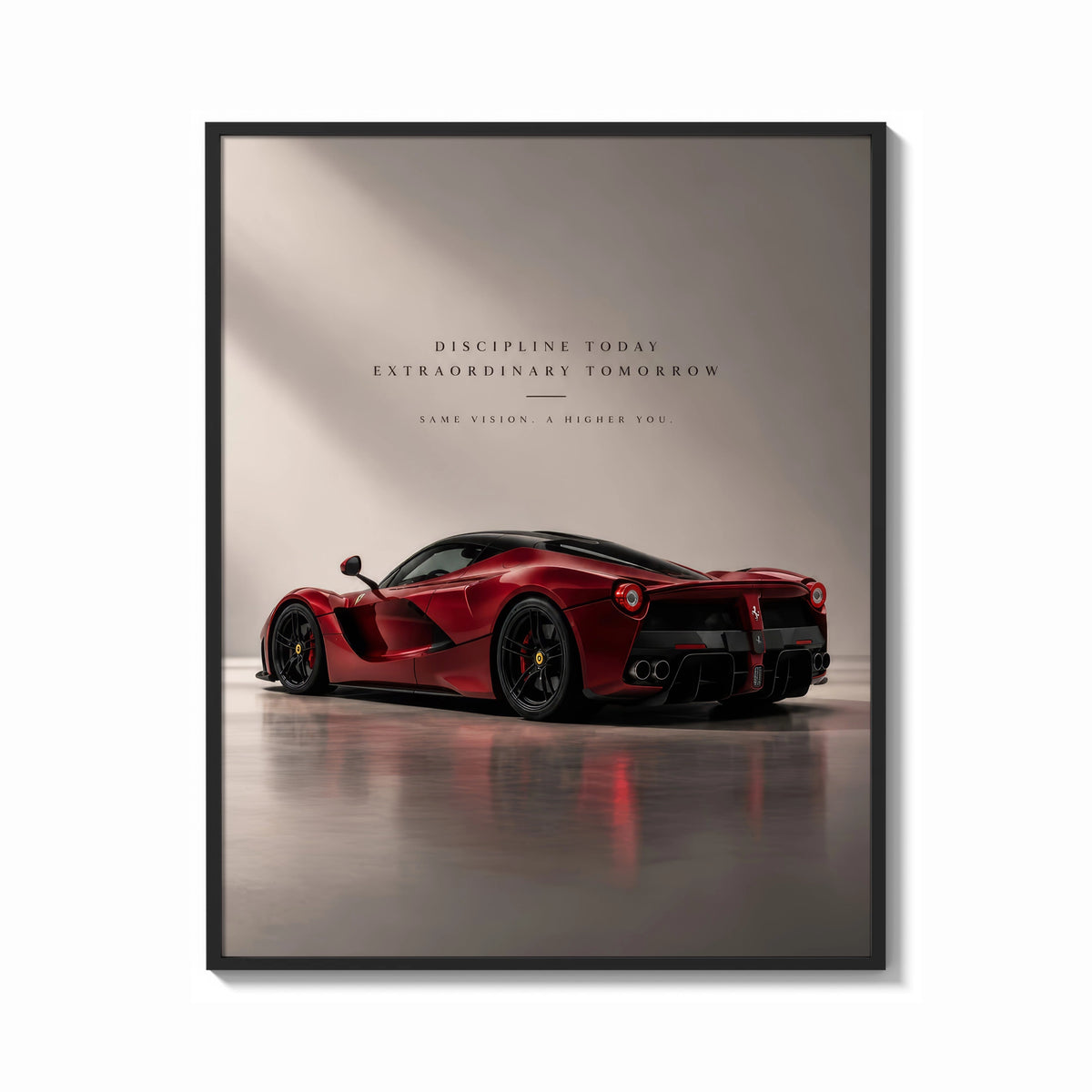 Framed Red Ferrari LaFerrari print shown as a bold statement piece on a clean gallery wall