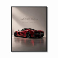 Framed Red Ferrari LaFerrari print shown as a bold statement piece on a clean gallery wall