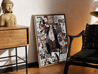 Brass-framed Red-Haired Shanks manga collage print leaning in a warm styled corner by a sculpture