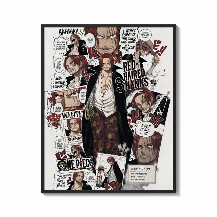 Framed Red-Haired Shanks manga collage print shown as a bold statement piece on a clean gallery wall