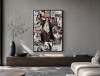 Red-Haired Shanks manga collage poster framed above a wood console in a concrete-wall living room