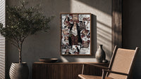 Red-Haired Shanks manga collage poster framed above a fluted sideboard beside an olive tree