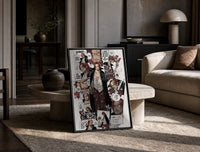 Red-Haired Shanks manga collage print in a black frame leaning on a travertine table in a sunlit lounge