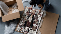 Red-Haired Shanks manga collage framed print being unpacked from protective bubble wrap and a box