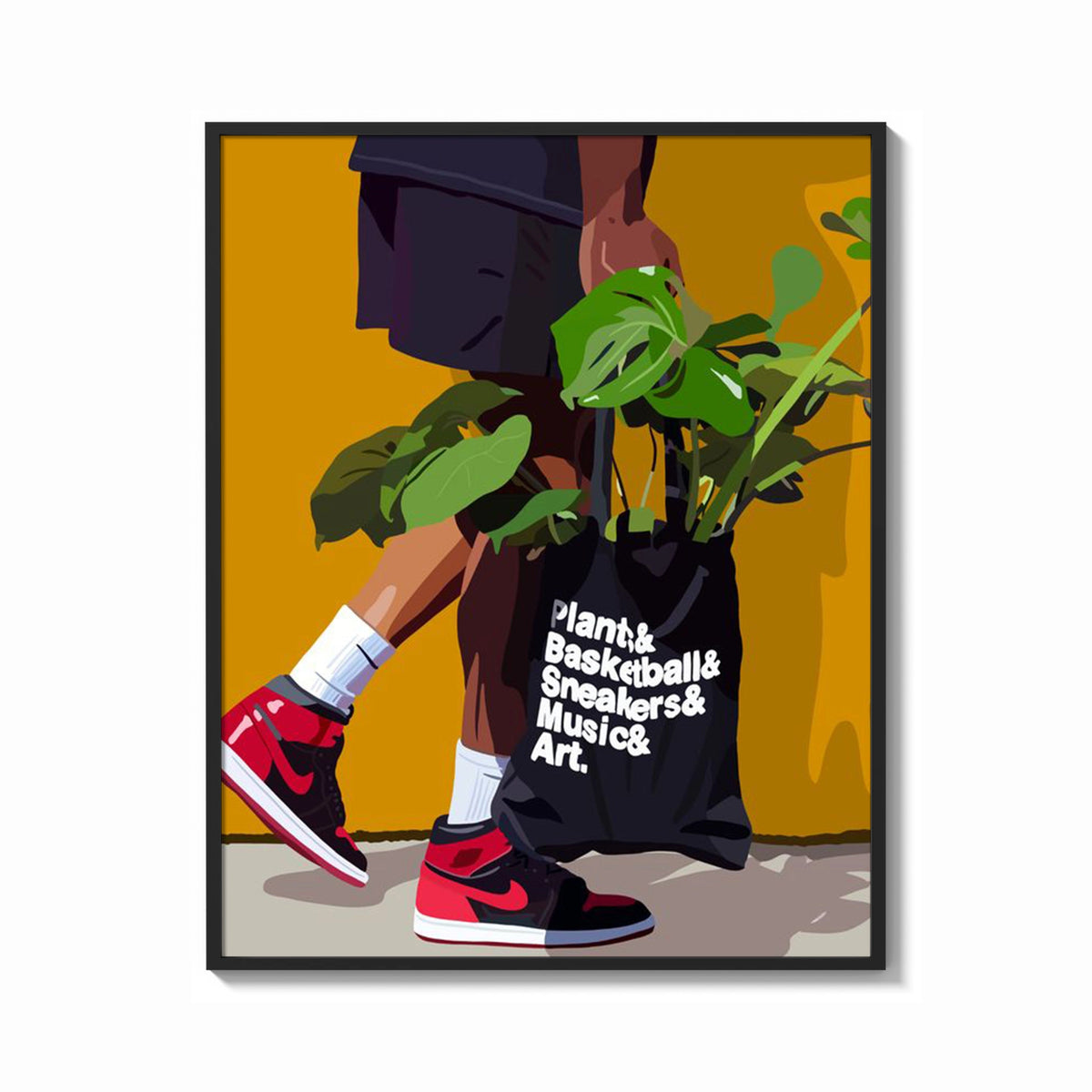 Framed Plant Tote and Red High-Tops print shown as a bold statement piece on a clean gallery wall