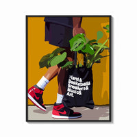 Framed Plant Tote and Red High-Tops print shown as a bold statement piece on a clean gallery wall
