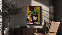 Plant Tote and Red High-Tops poster framed above a fluted sideboard beside a potted tree