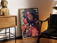 Brass-framed Anime warrior with red eyes print leaning in a warm styled corner by a sculpture