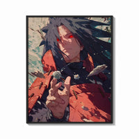 Framed Anime warrior with red eyes print shown as a bold statement piece on a clean gallery wall