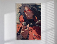 Anime warrior with red eyes poster in a slim frame on a bright wall with soft window light