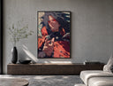 Anime warrior with red eyes poster framed above a wood console in a concrete-wall living room