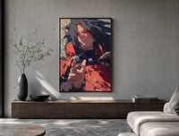 Anime warrior with red eyes poster framed above a wood console in a concrete-wall living room