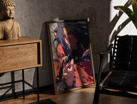 Walnut-framed Anime warrior with red eyes print leaning against a sunlit rustic brick wall