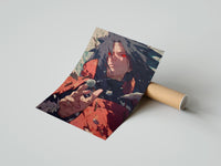 Rolled Anime warrior with red eyes poster beside its crush-resistant kraft shipping tube