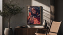 Anime warrior with red eyes poster framed above a fluted sideboard beside an olive tree