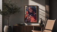 Anime warrior with red eyes poster framed above a fluted sideboard beside an olive tree