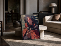 Anime warrior with red eyes print in a black frame leaning on a travertine table in a sunlit lounge