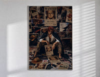 Red-haired pirate man sitting poster in a slim frame on a bright wall with soft window light